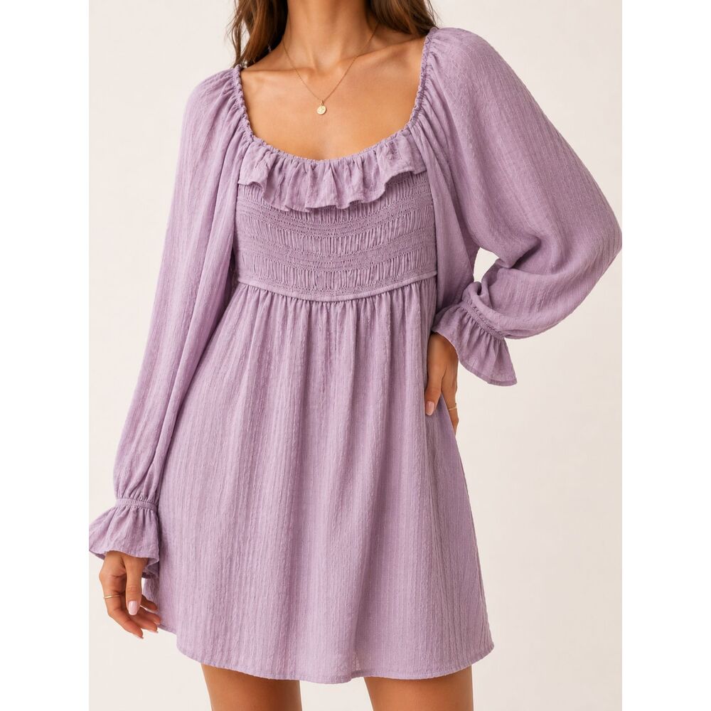 Blu Pepper Lavender Smocked Peasant Dress Boho Cottagecore Balloon Sleeve S